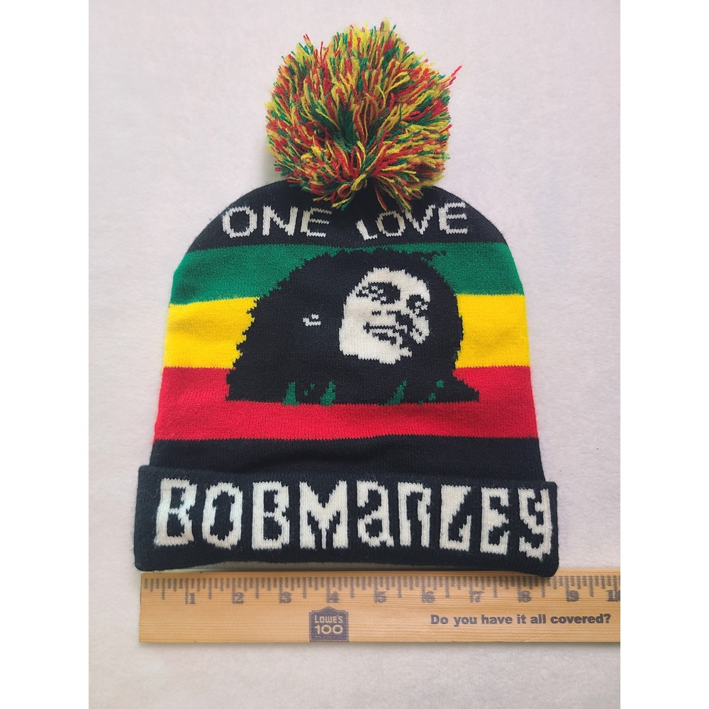Bob Marley OS Beanie Rasta Reggae One Love Black Striped Pom Pom Knit Hat Indie